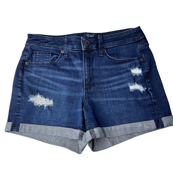 NWOT UNIVERSAL THREAD High Rise Midi Distressed Dark Denim Shorts Women's 4/27 - Picture 1 of 13
